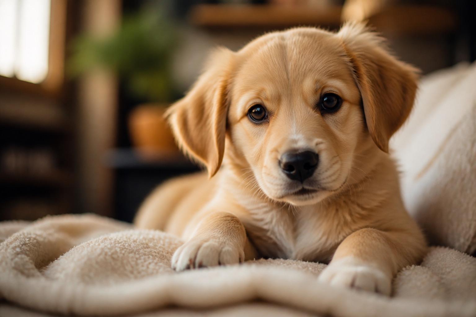 Cachorro saudável e atento deitado numa manta em casa