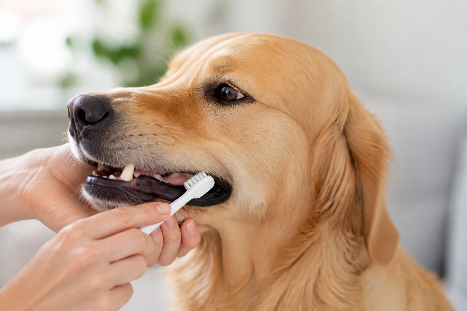 Cão calmo a ter os dentes escovados com escova própria para animais