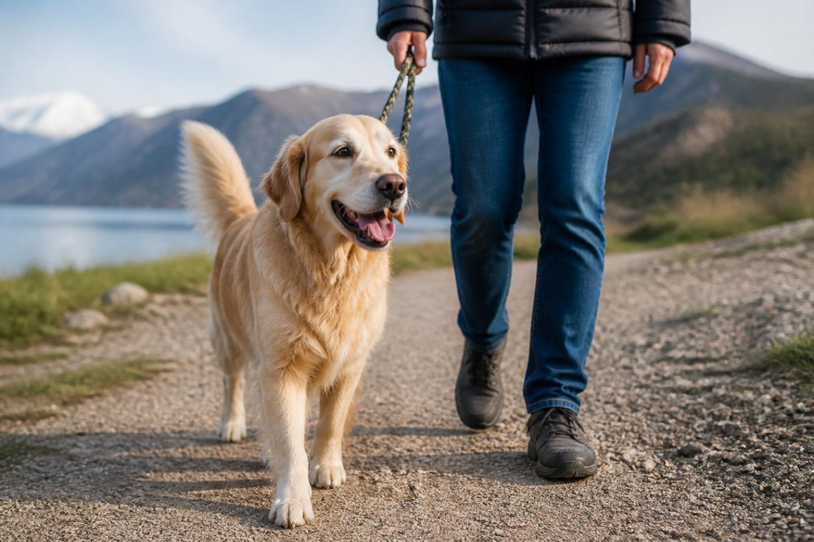 Cão adulto saudável a passear ao ar livre com o tutor