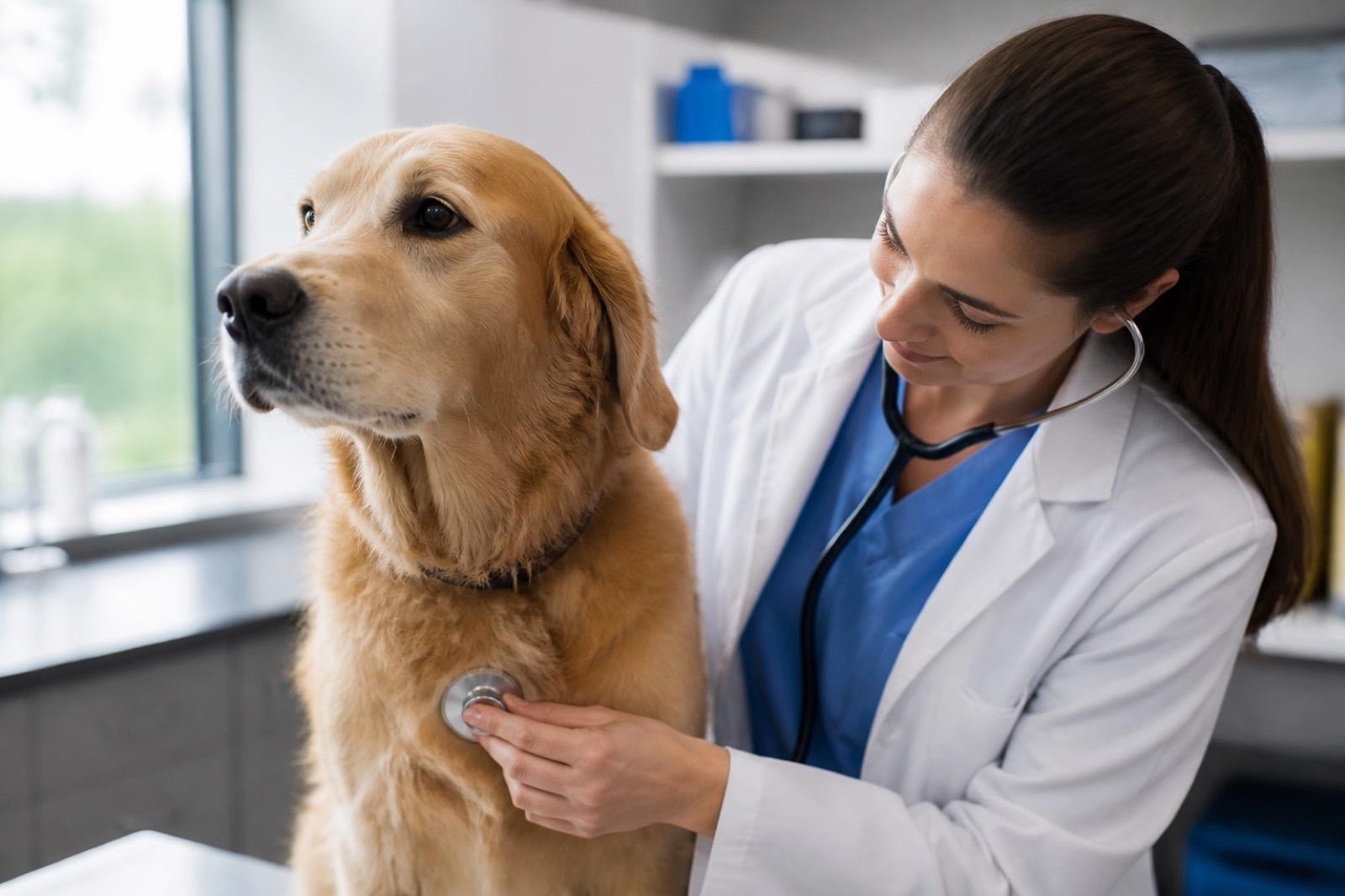 Veterinário a examinar um cão saudável em consulta de rotina