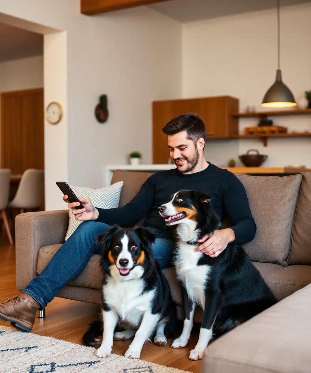 Tutor com telemóvel e cães — rede Max Vitaly
